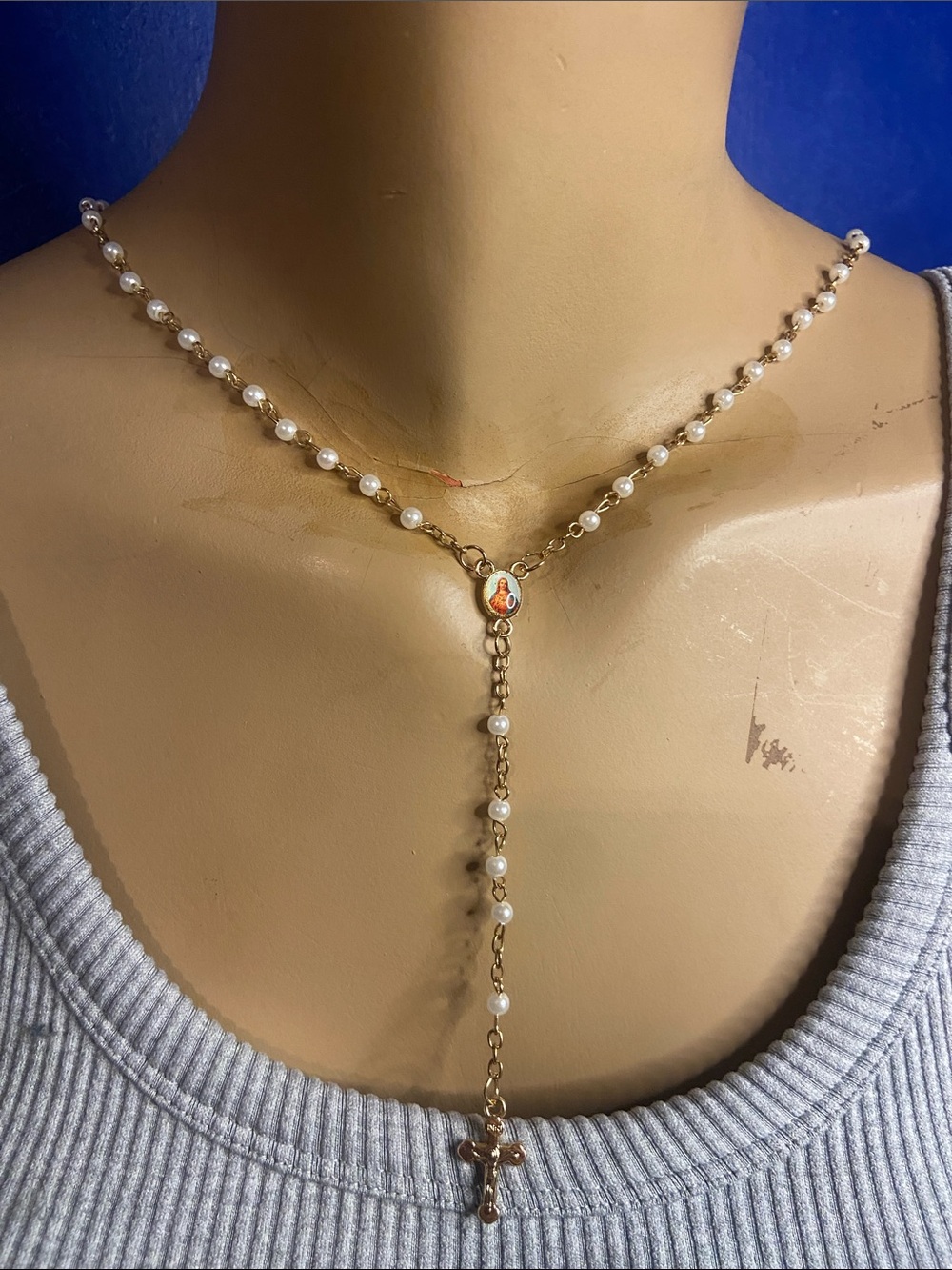 Gold-Tone Pearl Rosary Lariat Necklace - White Pearls